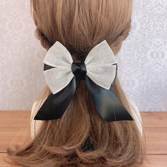 リボン サテンリボン 黒 レースリボン重ね ビッグダブルリボン ビッグリボン
