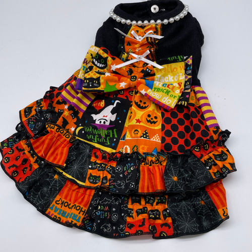 犬服/猫服 ハロウィンワンピース ハロウィンプリント(かぼちゃや黒猫
