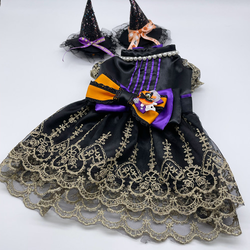 犬服/猫服 ハロウィンワンピース ブラック&Goldスカラップレース