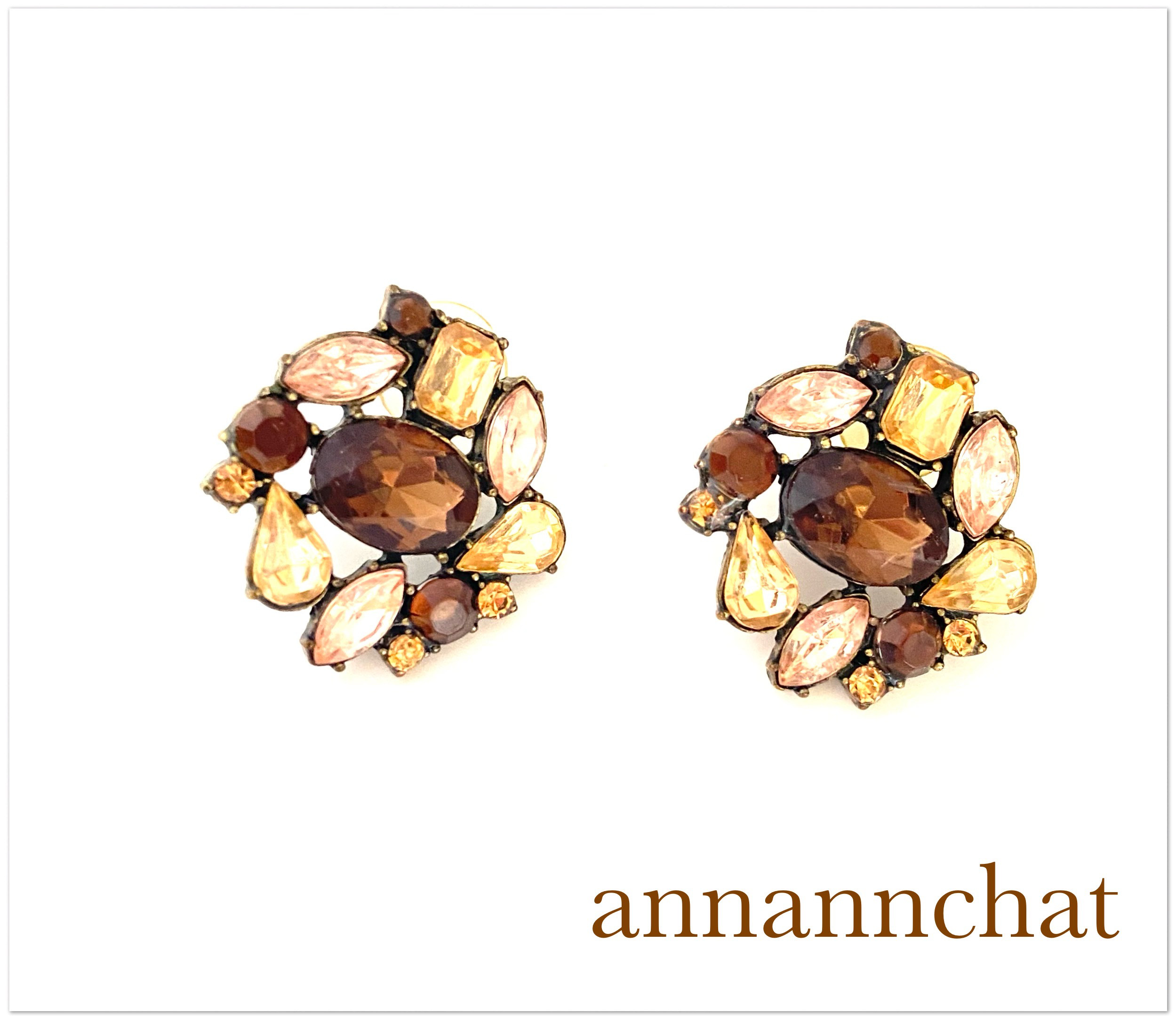 【ビンテージ　ラインストーン　ベージュ・モカブラウン　ピアス】秋　19６0年代