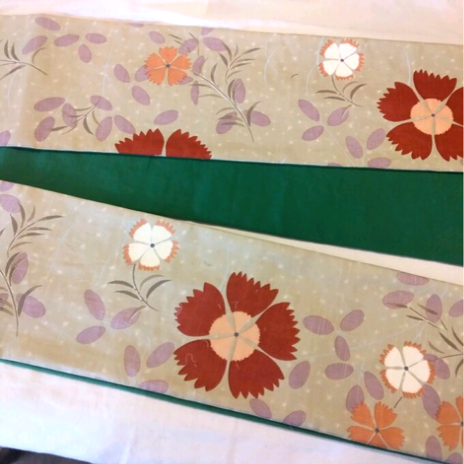 受注製作　[お買い得] 新品　綿　半幅帯　長尺　ナデシコとグリーン　三河綿リバーシブル　日本製　綿