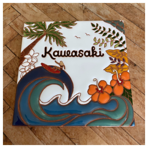 表札☆リップル　ホヌ&サーフ150☆ 表札、波、サーフィン、サーフボード、ヤシの木、プルメリア