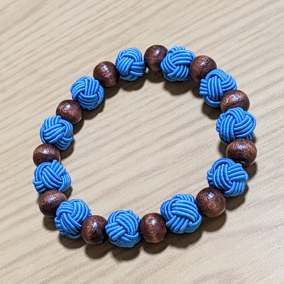 水引×ウッドビーズ焦茶 ブレスレット 舛花色 ☆青色 ブルー 