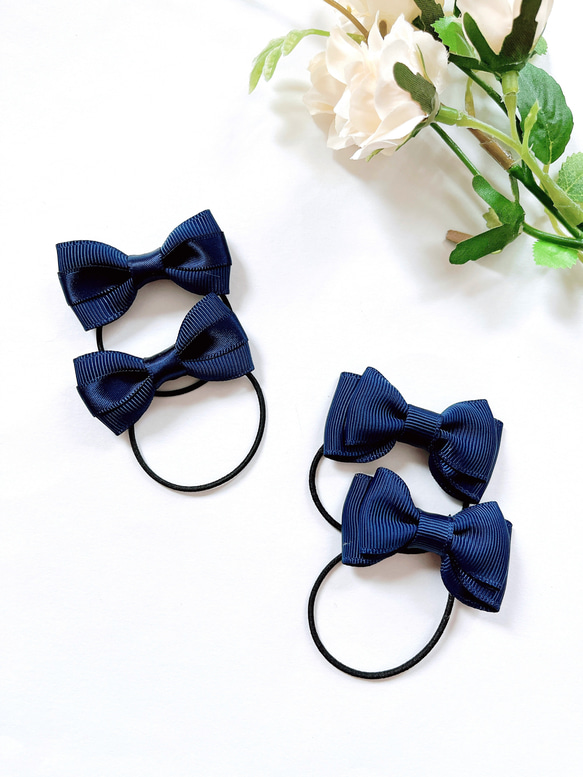 再販13】お得セット ネイビー リボン 2個セット×2種類 ヘアゴム 紺