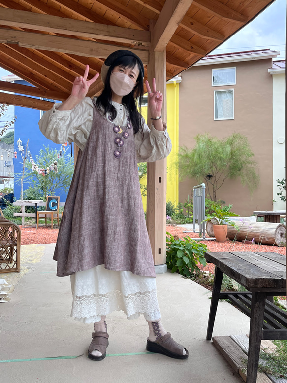 オシャレなエプロンワンピ◎ザッパワンピ シャンブレーリネン（23s-055）モカブラウン 11枚目の画像