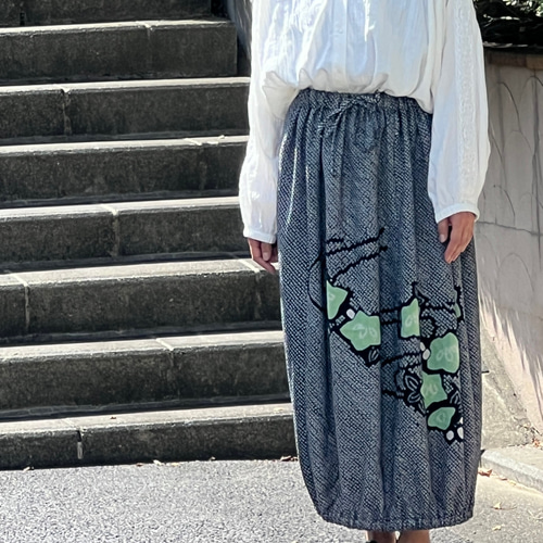 着物リメイク ロングスカート ウエストゴム リボン付 パッチ