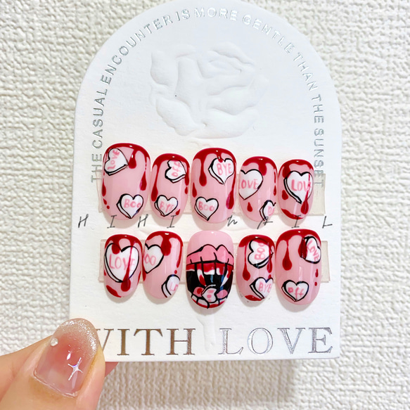 ハロウィン ピンク 赤 レッド 血 ハート ネイルチップ つけ爪 ネイル