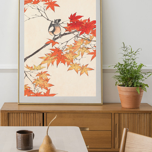 【あすつく】 秋に 紅葉と野鳥の日本画アートポスター☆もみじ和柄和モダン 絵画