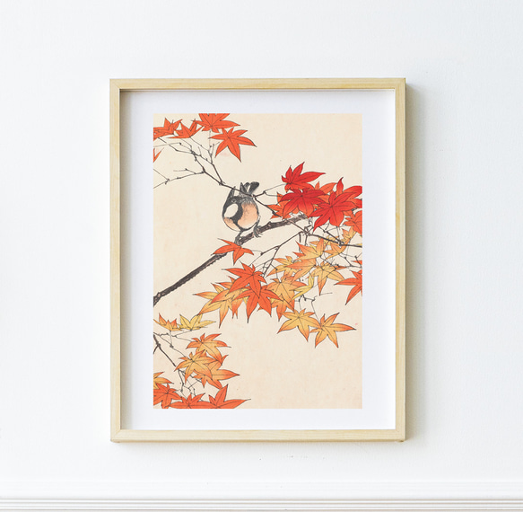 アートポスター：５７石組とオレンジ色のゆり 秋に 紅葉と野鳥の日本画アートポスター☆もみじ和柄和モダン