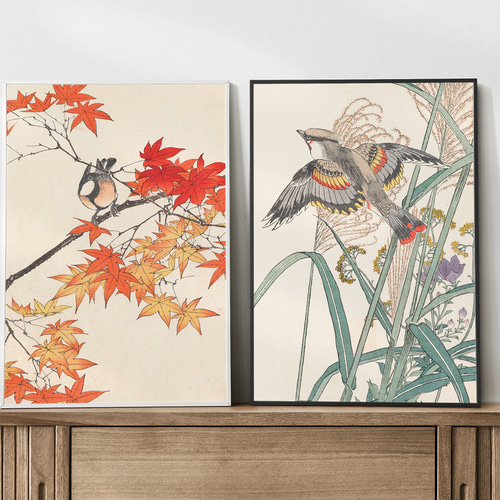 額付き紅葉と鳥日本画