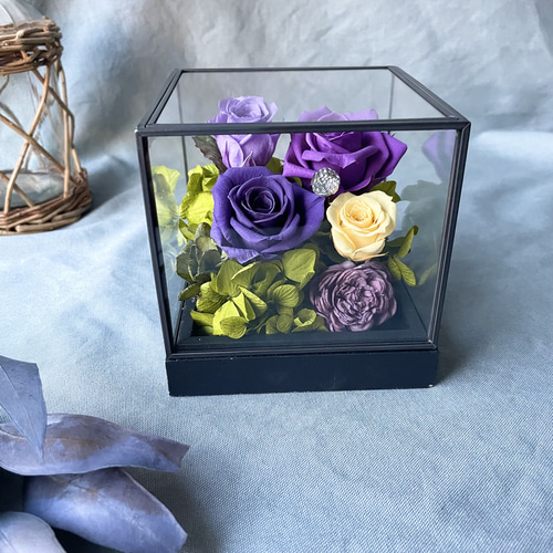 ガラスケースパープルローズアレンジ プリザーブドフラワー seed