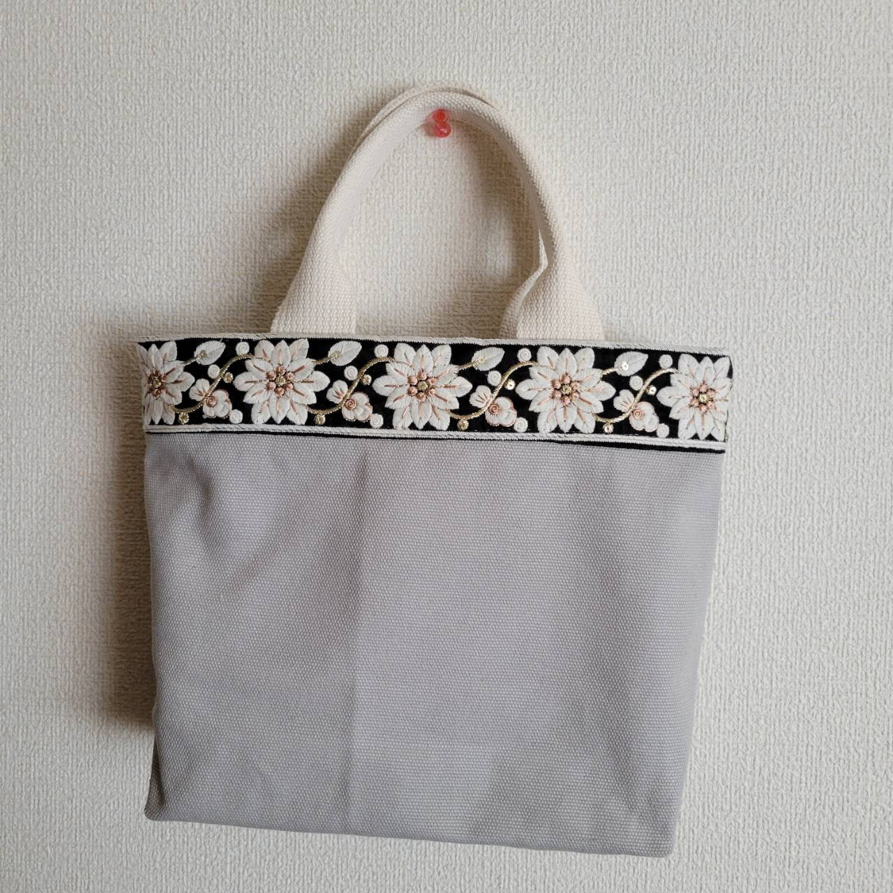 インド刺繍 8号帆布 一枚仕立て 2way ハンドバッグ ショルダーホック付