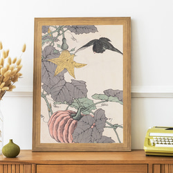 秋に かぼちゃと野鳥の日本画アートポスター☆南瓜和柄植物