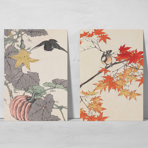 秋に かぼちゃと野鳥の日本画アートポスター☆南瓜和柄植物