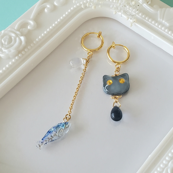 秋の味覚 さんまとにゃんこ達☆猫ピアス☆選べる6種類！チェコガラス