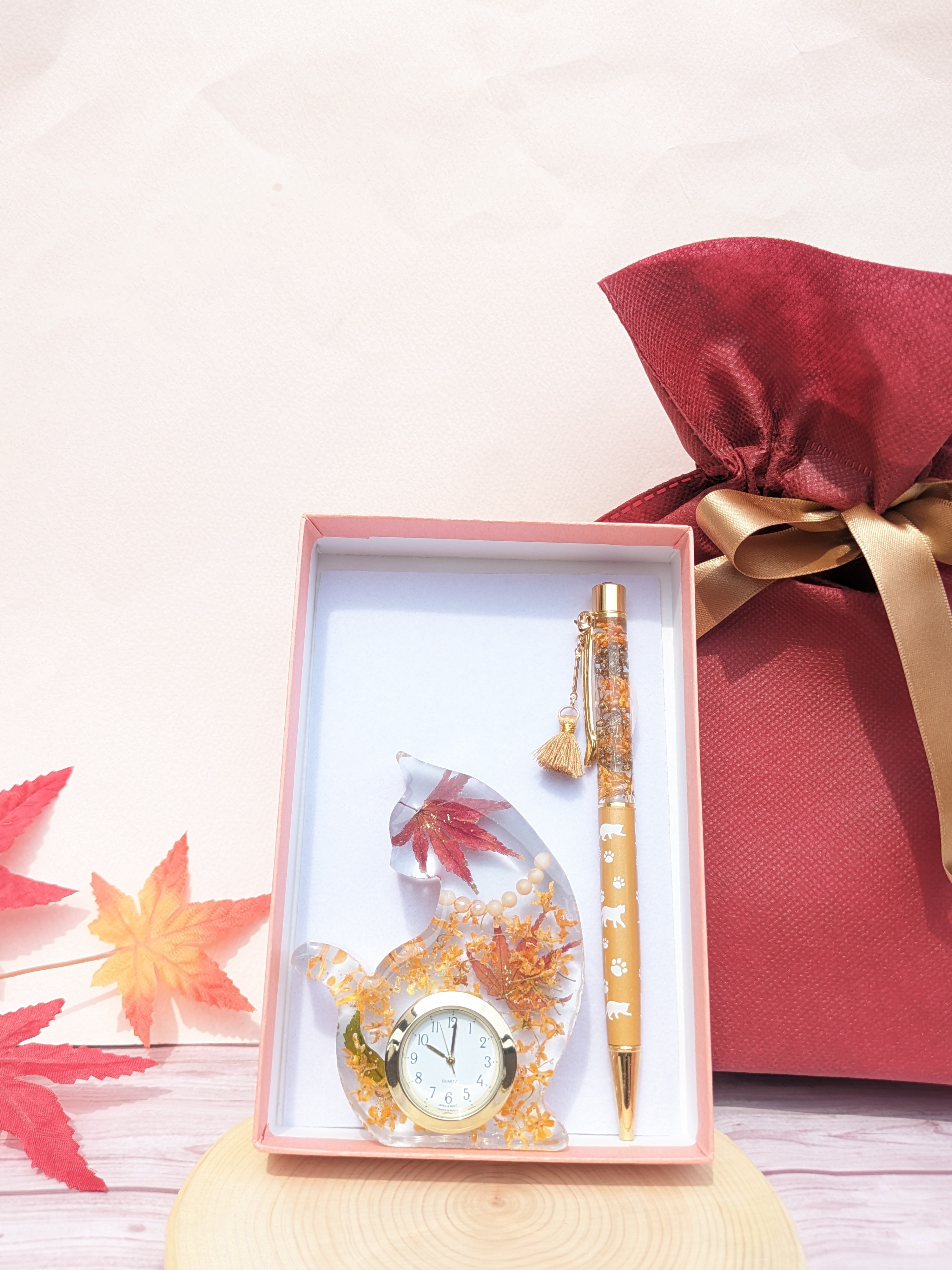 金木犀入り　猫時計と選べる金木犀ボールペンセット　　秋限定2025