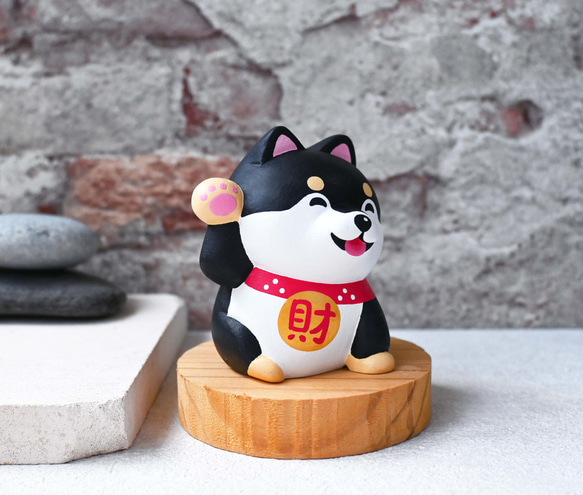Gou Laifu ラッキー柴犬名刺ホルダー黒手作り木製柴犬装飾癒しの小さな木彫り人形 2枚目の画像