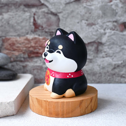 Gou Laifu ラッキー柴犬名刺ホルダー黒手作り木製柴犬装飾癒しの小さな木彫り人形 3枚目の画像