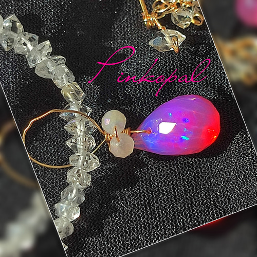 14Kgf 高品質 【ピンクオパールハーキマーダイヤモンドピアス】お着物にも