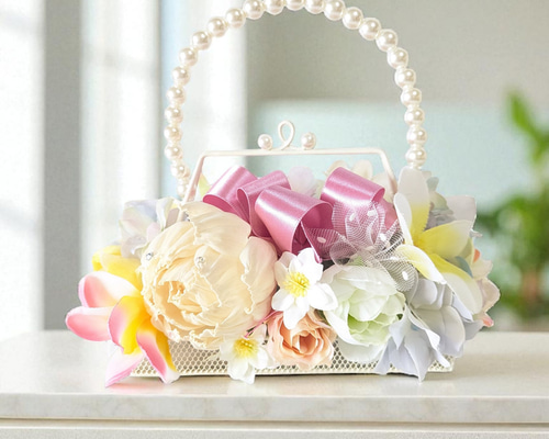 薔薇の造花手作りです。 パールの持ち手の薔薇のバッグ ソラフラワー薔薇のアレンジメント