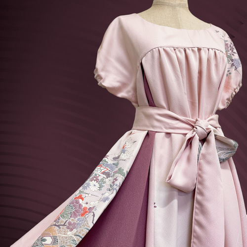 着物リメイク ギャザー ワンピース ピンク系 ハンドメイド M 着物リメイク ワンピース 紬 M ～L - ZX-ZX-ZX'S GALLERY