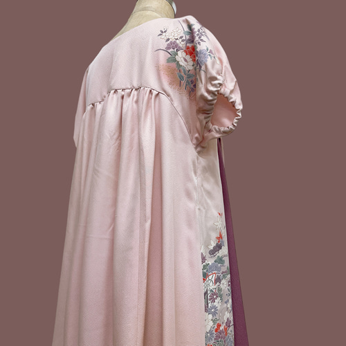 着物リメイク ギャザー ワンピース ピンク系 ハンドメイド M 着物リメイク ワンピース 紬 M ～L - ZX-ZX-ZX'S GALLERY