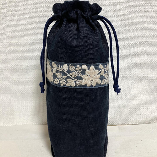 インド刺繍リボンのボトルバッグ❤️リネン水筒カバー ペットボトル