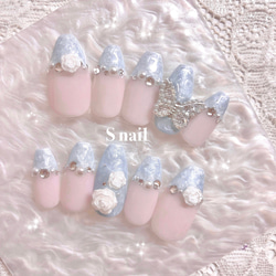 ネイルチップ ピンク 水色 シルクネイル 薔薇 蝶々 ガーリー ワンホン