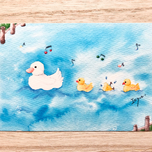 透明水彩画 3枚セット「アヒルの親子」イラスト ポストカード 鳥