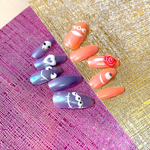 SPICE】 オレンジ×紫のオバケがかわいいハロウィンネイルチップ ♢遊び  