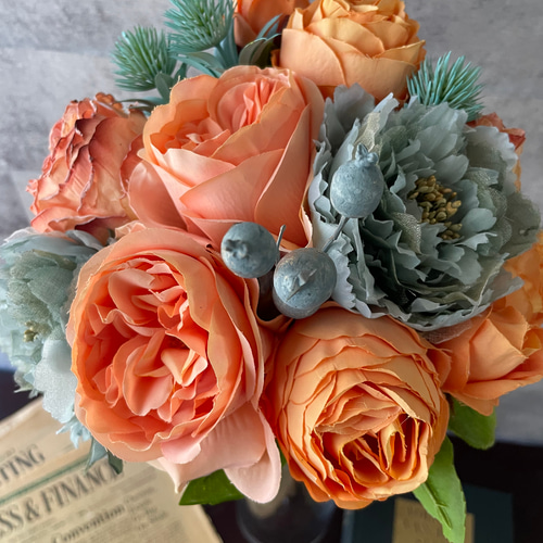 高級 くすみオレンジ ローズアーティフィシャルフラワーブーケ