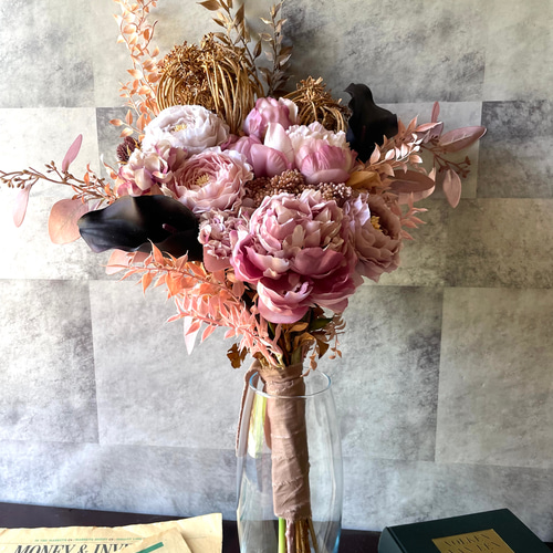 アンティークローズ オレンジとくすみブルーのブーケ ウエディング