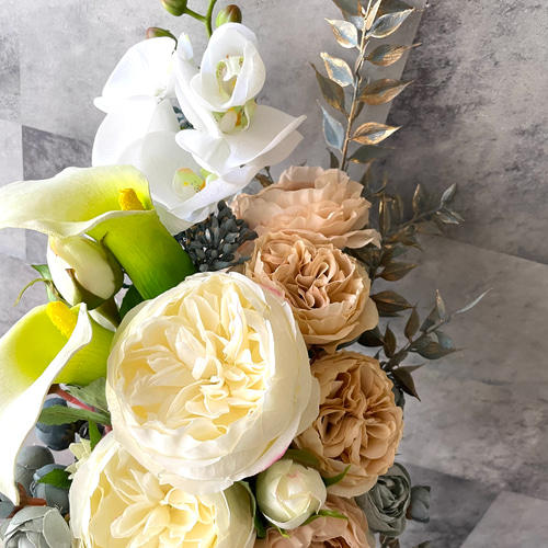 アンティークローズ オレンジとくすみブルーのブーケ ウエディング