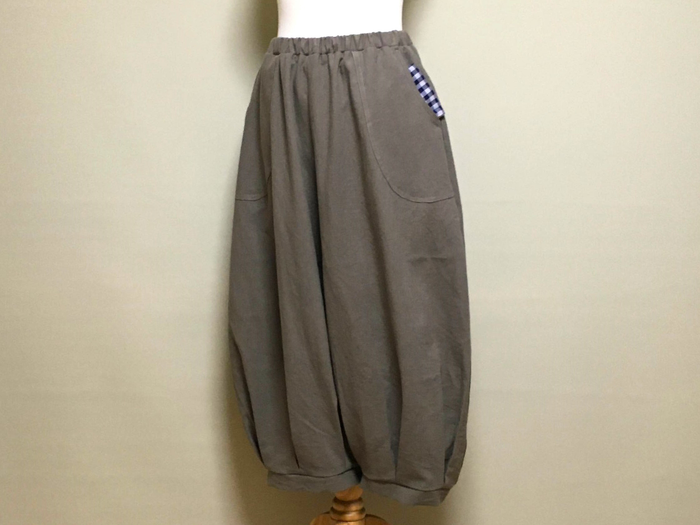 ペアパンツ◆グレイッシュカーキ【やわらかコットンリネン】◆フリーサイズ