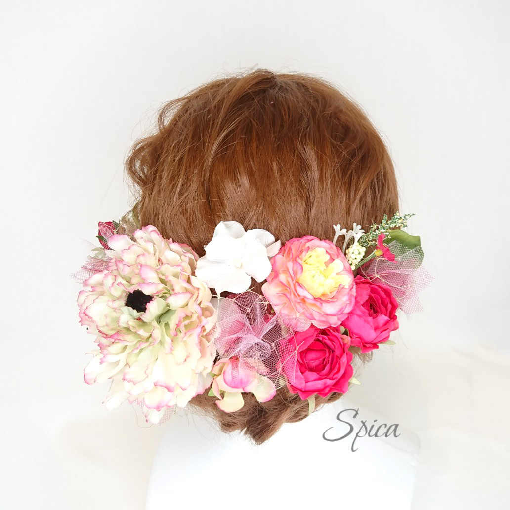 【一点限定】ダリアとローズとチュールのヘッドドレス 成人式 卒業式 ウエディング ピンク バラ 結婚式 髪飾り 造花