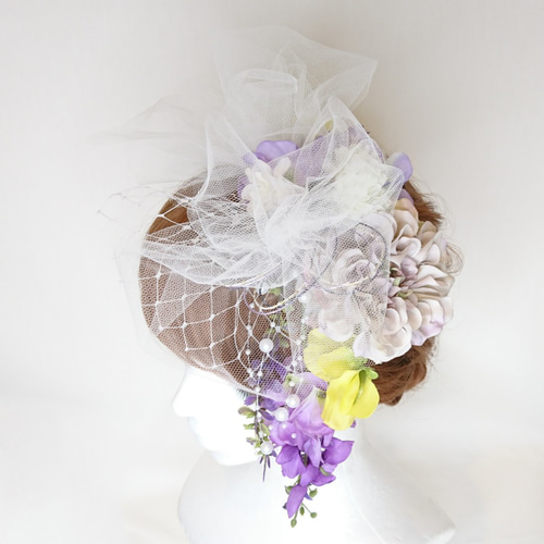 一点限定】藤の花とダリアとチュールのヘッドドレス 成人式 卒業式