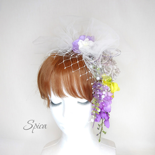 一点限定】藤の花とダリアとチュールのヘッドドレス 成人式 卒業式