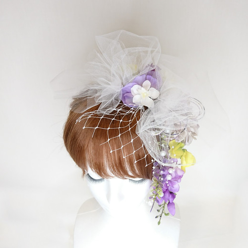 一点限定】藤の花とダリアとチュールのヘッドドレス 成人式 卒業式