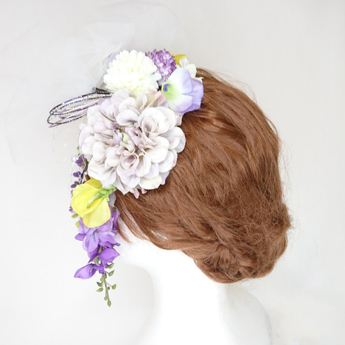 一点限定】藤の花とダリアとチュールのヘッドドレス 成人式 卒業式
