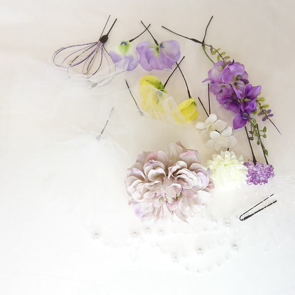 【一点限定】藤の花とダリアとチュールのヘッドドレス 成人式 卒業式 造花 8枚目の画像