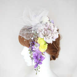 【一点限定】藤の花とダリアとチュールのヘッドドレス 成人式 卒業式 造花 3枚目の画像