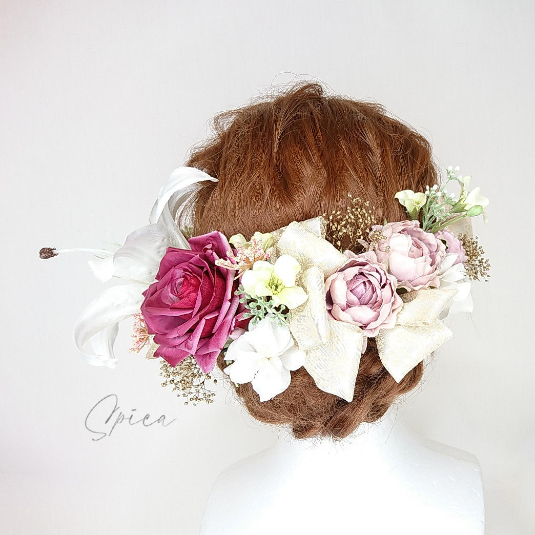 【一点限定】カサブランカとローズとリボンのヘッドドレス 成人式 卒業式 ウエディング ピンク ロマンチック ホワイト