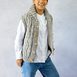 完売】ローゲージウール・へちま衿ケーブル編みベスト（N-450073
