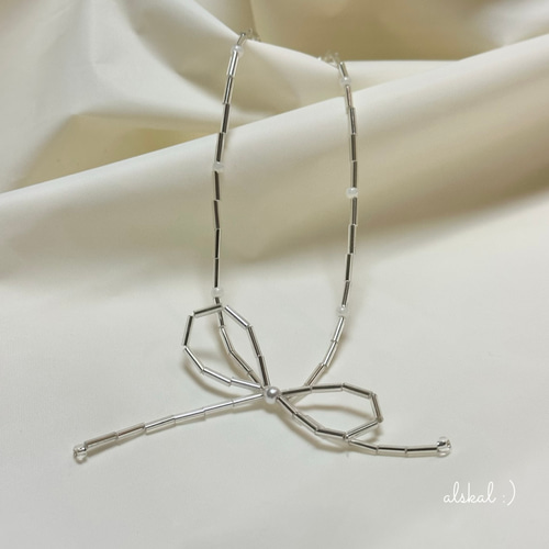 竹ビーズ 筒ビーズ リボンチョーカー リボンネックレス リボンビーズ