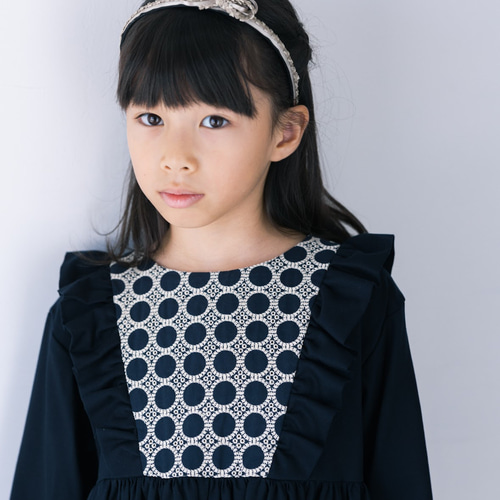 ハンドメイド作家 mifumi ブーケのワンピース(フリル襟付き) フェイクレイヤード フリルの襟と共布リボンのかわいいレトロ