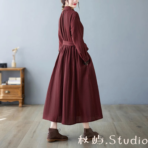 New秋色~ワインレッド 綿 着やせワンピース ゆったり 長袖 ロング丈