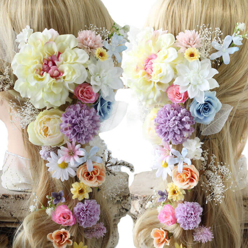 大特価！パインフラワーブーケ＊ヘッドドレス★2点セット ラプンツェル ダリア ファニー 4色 ドライフラワー 造花 ヘッドドレス