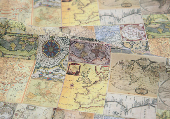 ヴィンテージ コラージュ デザイン マップ 地図柄 コットン生地 45㎝単位カット Vintage Map 1枚目の画像