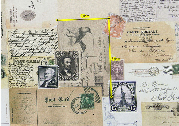 ヴィンテージ コラージュ デザイン レトロな手紙と切手柄 コットン生地 45㎝単位カット Retro Post 4枚目の画像