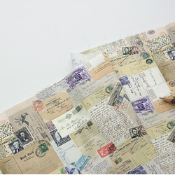 ヴィンテージ コラージュ デザイン レトロな手紙と切手柄 コットン生地 45㎝単位カット Retro Post 2枚目の画像